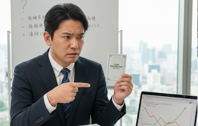 オフィスで、株主優待パスポートを手に持ち、困惑した表情で指差す日本人男性。デスク上には「100株」「500株」と書かれた株主優待の書類の束と、株価変動グラフが表示されたノートパソコンが置かれており、優待の取得条件の複雑さを表現している。