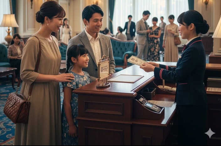 ディズニーホテルで宿泊客が当日券をフロントで購入している様子