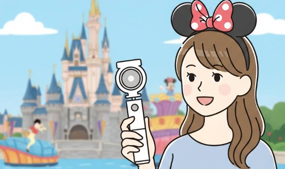 ディズニーで推奨されるハンディサイズのスマホ撮影グリップ(自撮り棒)を片手に持って撮影する日本人女性のイラスト