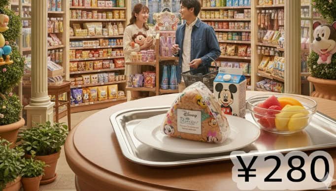 ディズニーランドホテルのルッキンググラス・ギフトで購入できるおにぎり(280円)とカットフルーツ。