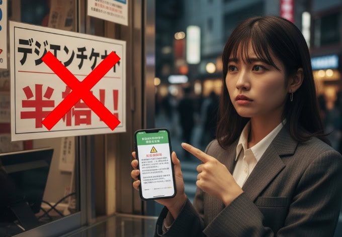 金券ショップのショーケースの前で、警告表示のスマートフォンを持つ日本人女性。ショーケースには「半額」と書かれたチケットが並び、大きな赤いバツ印で「偽造チケット」と警告されている。