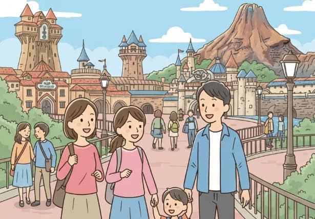 東京ディズニーシーでスタンバイパスなしでアトラクションを楽しむ日本人家族の簡易イラスト