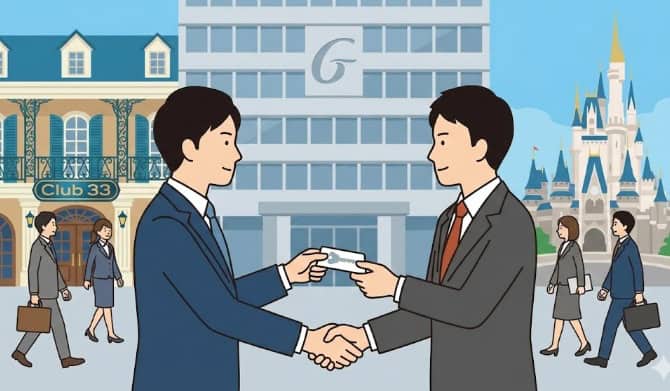 ディズニーのスポンサー企業前で、ビジネスマンがクラブ33の鍵を渡しながら握手をするイラスト