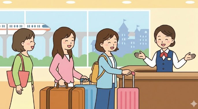 ディズニーウェルカムセンターで無料で荷物を預ける女性グループのイラスト