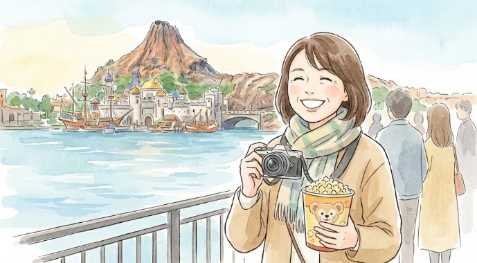 女性1人ディズニーシーは痛くない!笑顔で楽しむ大人の女性のイラスト