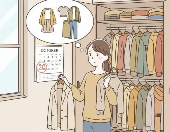 気温20度前後の服装に悩む日本人女性のイラスト