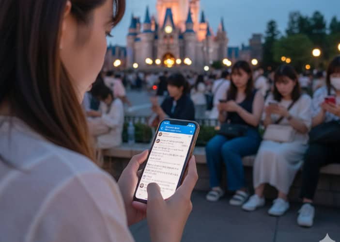 ディズニーリゾートの夜景を背景に、スマートフォンでX（旧Twitter）をチェックしている日本人女性。アプリの不具合情報をリアルタイムで確認している様子。