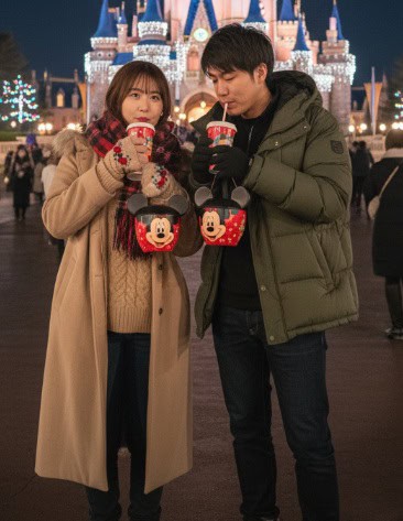  11月の夜、ディズニーランドのパレードルートに座ってポップコーンを食べながらショーを待つ若いカップル。女性はクリーム色の厚手のダウンジャケットに赤いチェックのマフラー、男性はカーキのダウンジャケットにニット帽を着用し、膝にはブランケットをかけている
