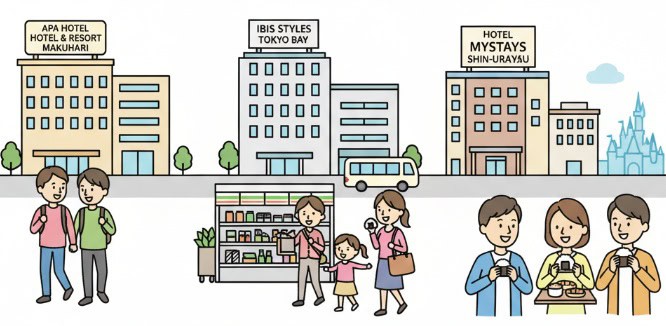 素泊まりができる周辺の安いホテルを表現したイラスト。アパホテル＆リゾート〈東京ベイ幕張〉、イビススタイルズ東京ベイ、マイステイズ新浦安の3つのホテルの前に、それぞれ日本人カップルや家族が描かれている。アパホテルの前ではリュックを背負ったカップルが、イビススタイルズ東京ベイの前ではコンビニの建物と一緒に家族が、マイステイズ新浦安の前ではテイクアウトの食事を持つカップルが描かれている。