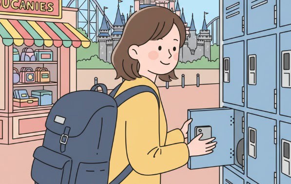 テーマパークでリュックを背負った女性がコインロッカーを使っているイラスト。