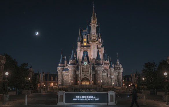 深夜の東京ディズニーランド、シンデレラ城前には人がおらず、ひっそりとしている様子。城前のスクリーンには「今年はカウントダウン特別営業は実施しません」と日本語で表示されている
