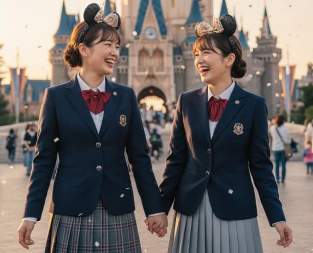  東京ディズニーリゾートのシンデレラ城を背景に、制服姿で手をつなぎ笑顔で歩く2人の日本人女性。紙吹雪が舞い、楽しそうな雰囲気。