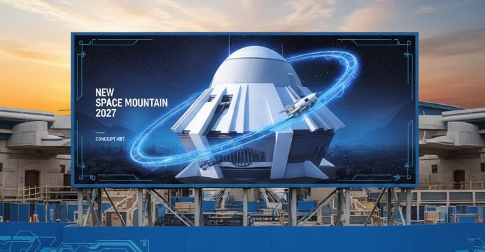 東京ディズニーランドのスペース・マウンテンのリニューアルを知らせる看板の前に立つ、地図を持った若い日本人たち。看板には「NEW SPACE MOUNTAIN 2027」と書かれている。