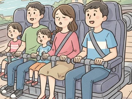 ディズニーシーのソアリンに乗る日本人家族のイラスト。ライドに乗って空を飛ぶような体験をしている様子が描かれており、少し怖がっている人もいる