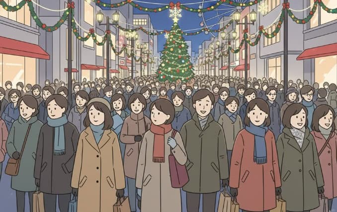 クリスマスイルミネーションで賑わう街並みを歩く多くの人々を描いたイラストです。