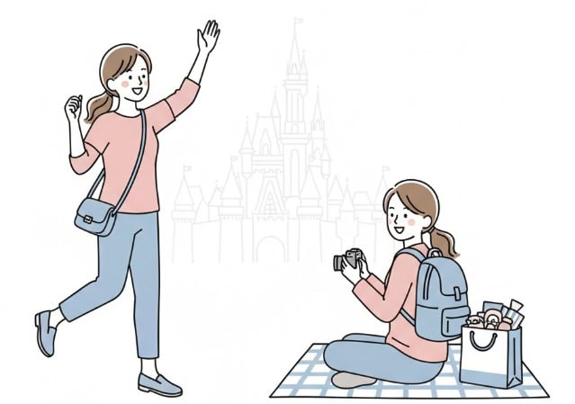 ショルダーバッグを持つ活動的な女性と、リュックサックを背負いパレード鑑賞を楽しむ女性のイラスト。シーンに合わせたバッグ選びの重要性を表現しています。