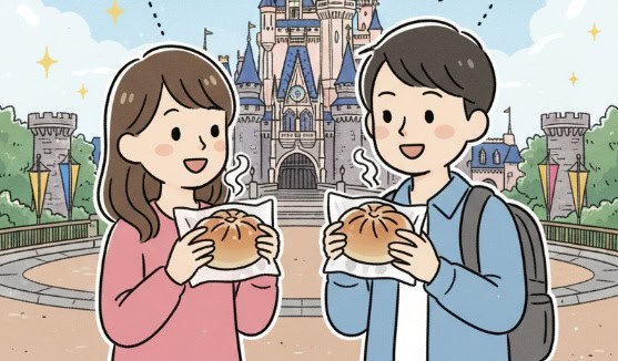 ディズニーランドでギョウザドッグが販売されるようになった喜びを表現する日本人のイラストです。