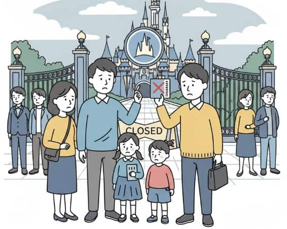 ディズニーの入場制限で入れずに困っている日本人家族の簡易的なイラスト。