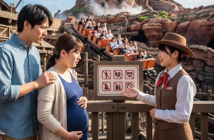 ビッグサンダー・マウンテンの乗り場入口で、キャストが妊娠中の女性とそのパートナーに対して、利用制限の標識を指しながら説明している。女性は少し残念そうな表情をしている。