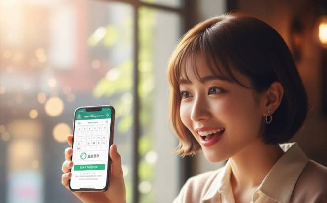 カフェでスマートフォンを使ってディズニーチケットをオンライン購入し、笑顔を見せる女性。