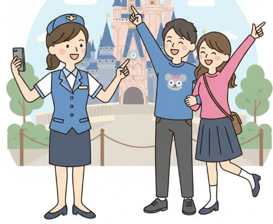 シンデレラ城の前で、ディズニーキャストにスマートフォンのカメラで撮影をしてもらう日本人カップルのイラスト