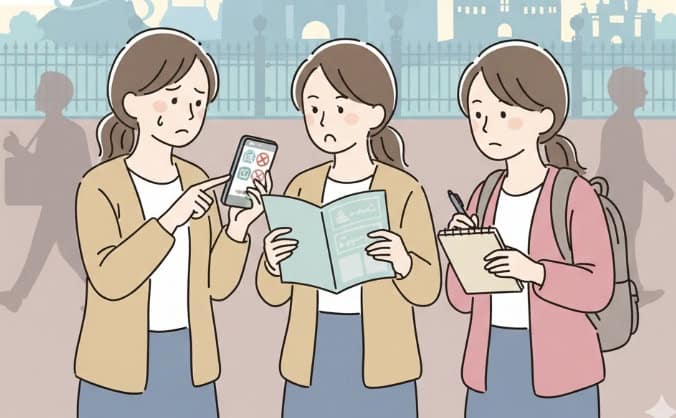 ディズニー・プレミアアクセス(DPA)が売り切れてしまい、スマートフォンを見て困っている日本人女性と対策を練る友人たち