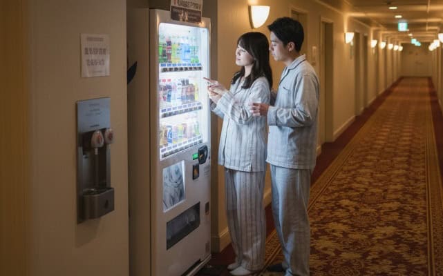 ディズニーランドホテルの客室フロアで、自動販売機を利用するパジャマ姿の日本人カップル。