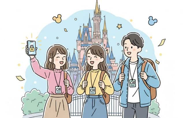 学割パスポートでディズニーを楽しむ日本の学生3人組。お城を背景に、スマホでチケットを提示する学生と、卒業帽が乗ったカレンダー、大きな鍵が描かれている。