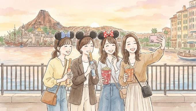 東京ディズニーシーのメディテレーニアンハーバーで、カチューシャをつけて楽しそうに自撮りをする日本人女性4人グループのイラスト。夕暮れ時の大人女子旅の様子。