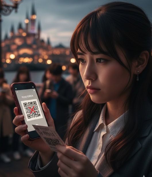 ディズニーリゾートで紙のチケットのQRコードをアプリで読み取ろうとしてエラーになり、困っている日本人女性。画面には読み取りエラーの表示が出ている。