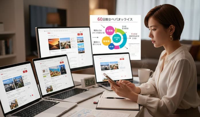 自宅のデスクで複数の予約サイトや割引プランの情報を比較しながら、スマートフォンのホテル予約アプリを操作する若い女性