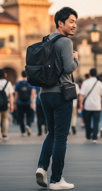 ディズニーシーの夕暮れ時、黒いシンプルでおしゃれなリュックを背負い、カジュアルな服装で振り返る日本人男性