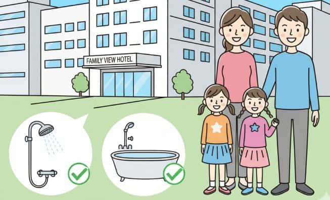 ホテルを背景に、家族（親と子供2人）が笑顔で立っており、シャワーとバスタブのアイコンにチェックマークが付いているイラスト。
