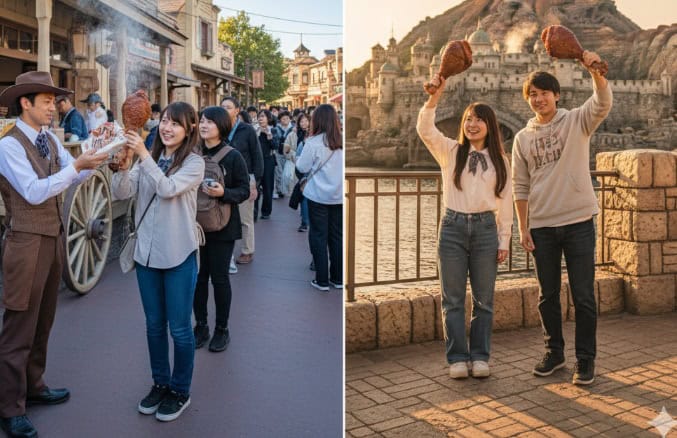 東京ディズニーランドの「カウボーイ・クックハウス」でスモークターキーレッグを受け取る日本人ゲストと、東京ディズニーシーでスモークターキーレッグを持つ日本人カップル。
