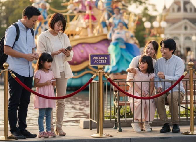 ディズニーランドのパレードルートで、プレミアアクセスエリアの赤いロープを挟んで対照的な日本人家族。プレミアアクセスを利用している家族は笑顔でパレードを見ており、利用していない家族はスマートフォンを見ながら残念そうな表情をしている。
