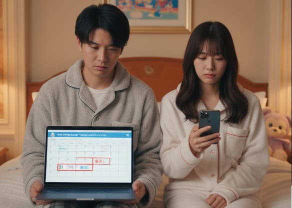 ディズニーホテルの一室で、パジャマ姿の日本人カップルがベッドに座り、それぞれノートパソコンとスマートフォンでディズニーホテルの予約サイトを見ている。ノートパソコンの画面には「満室」の文字が表示されており、二人は残念そうな表情をしている