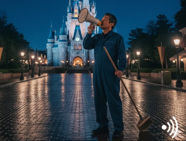 閉園後のディズニーパーク内でメガホンとほうきを持つ清掃員