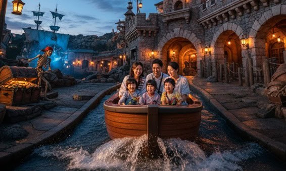 夕暮れの東京ディズニーランド「カリブの海賊」で、ボートに乗って楽しむ日本人家族。