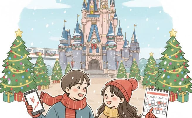 ディズニークリスマス期間のチケット価格上昇を示す、城とカップルのイラスト。
