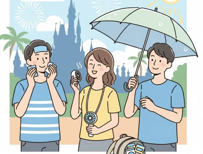  夏のパークで快適に過ごすための持ち物を持つ日本人男女3人のイラスト。左の男性は冷却シートをおでこに貼っており、中央の女性はハンディファンを使用し、右の男性は日傘をさしている。手前にはコンパクトなリュックと対策グッズが見える。背景にはお城やヤシの木、花火、太陽があり、夏の楽しい雰囲気が伝わる。