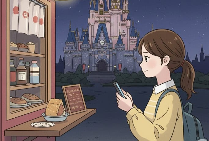 夜の遊園地で、ギョウザドッグのお店でスマホを見ている若い日本人女性。背景にはシンデレラ城が見える。