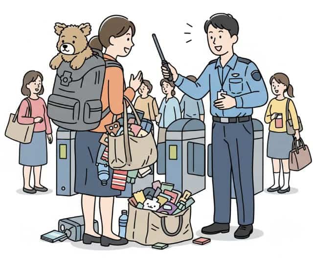 ディズニーリゾートの手荷物検査で、大きなリュックと複数のバッグを持ち、中身が整理されておらず散らばっているため、キャストが荷物を詳しく確認している日本人女性の簡易的なイラスト。他のゲストが後ろで待っている様子も描かれている。