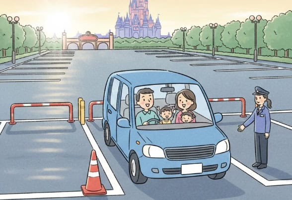 早朝のディズニーランド駐車場に到着し、エントランス近くの場所に案内される家族の車。