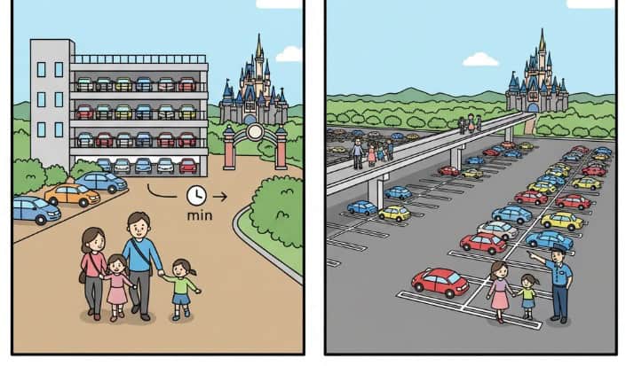 ディズニーランドのエントランスと駐車場の距離を比較する簡易イラスト。立体駐車場がエントランスに近く、R7駐車場が離れている様子を描写。