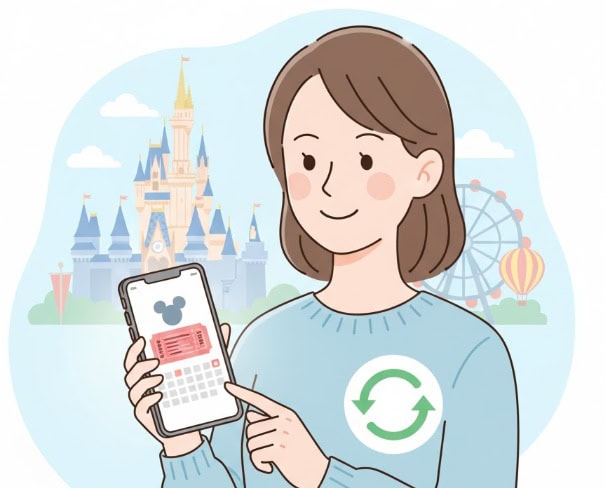 スマートフォンでディズニーチケットの日付変更をしている日本人女性の簡易的なイラスト。