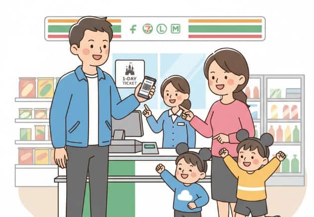 当日券をコンビニで購入する日本人の家族と店員。ファミリーマート、セブンイレブン、ローソン、ミニストップのロゴが上部にある。