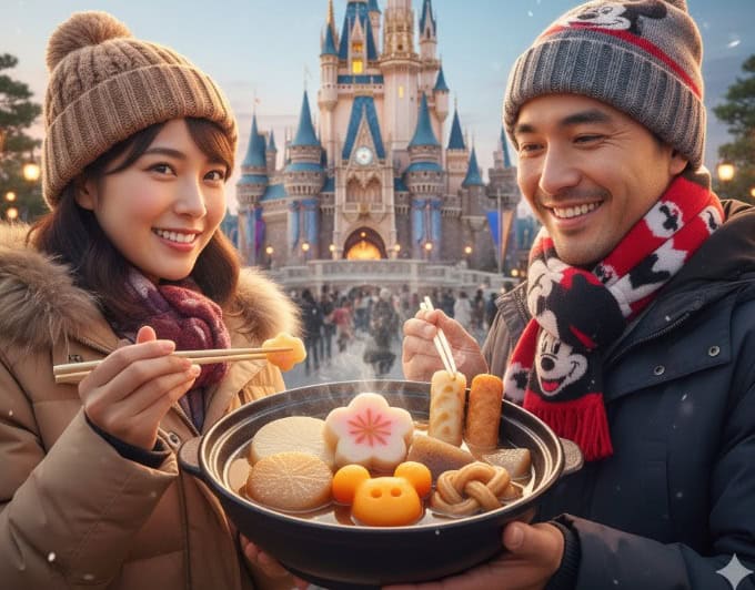 雪が降る東京ディズニーランドのシンデレラ城を背景に、冬の装いの若い日本人カップルが、ミッキーマウスの形をした具材が入った温かいおでんを仲良く分けて食べている。
