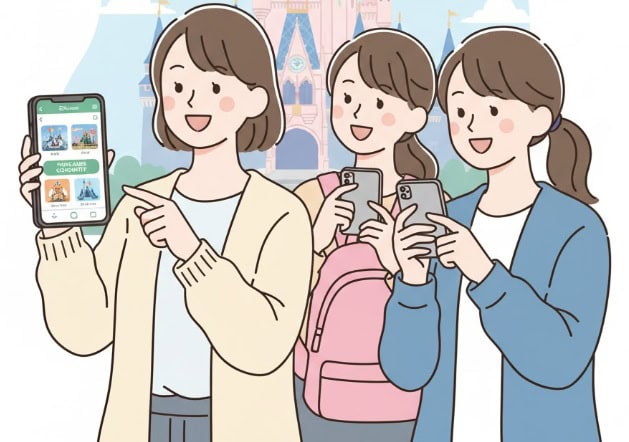 ディズニーアプリでプレミアアクセス(DPA)を購入しようとしている日本人女性グループ