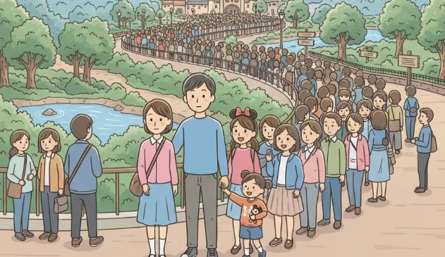 東京ディズニーシーのファンタジースプリングスでアトラクションに並ぶ日本人家族と他のゲストの簡易イラスト