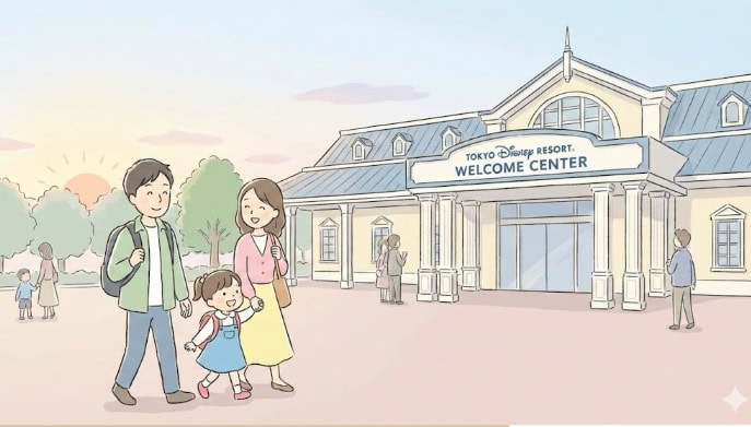 朝のディズニーウェルカムセンターで混雑を避けて歩く日本人家族のイラスト
